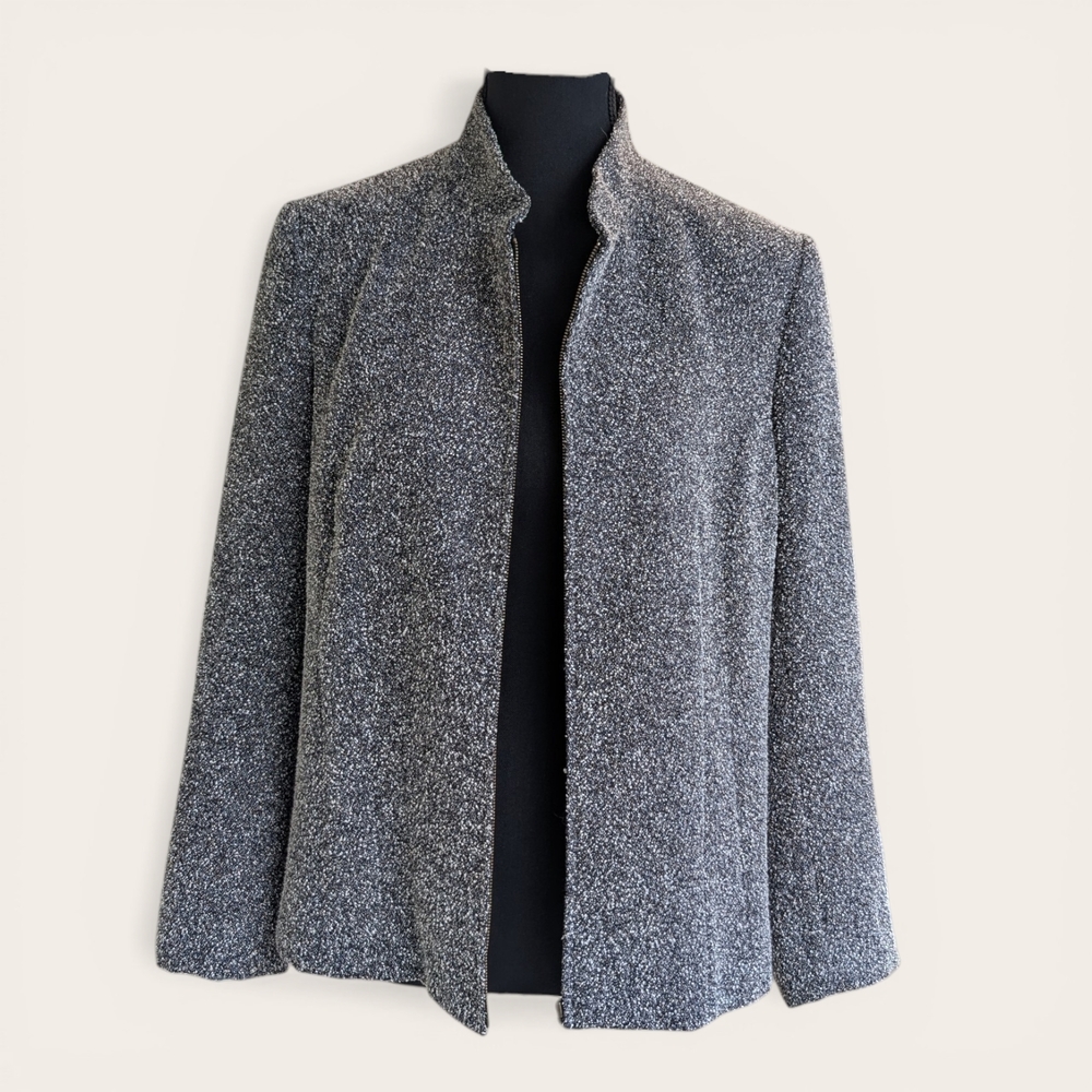 Mantles Black & White Salt & Pepper Bouclé Full Zip Mock Neck Jacket - 10